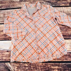 Soft Surrounding Shirt Womans XL Peach Blue Divine Pajama Top Ruffle Knit Stretc